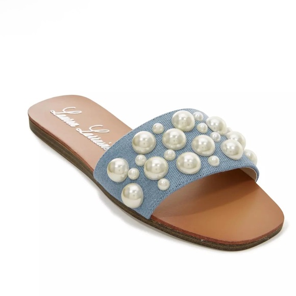 NWT Lauren Lorraine Nilo Pearl Denim Slides, Size 6 - Picture 2 of 11